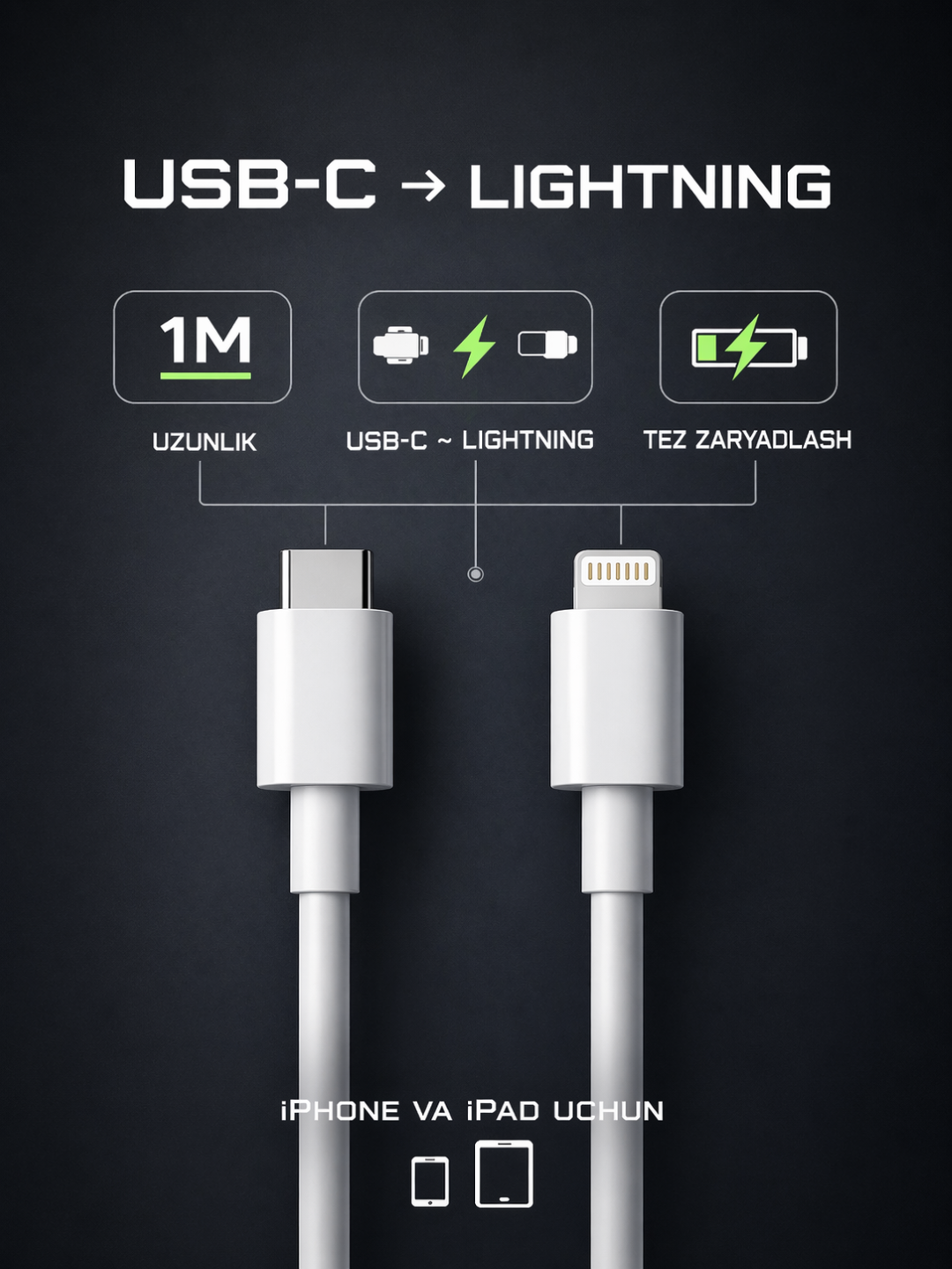 Кабель (ОРГ) Type-C — Lightning для iPhone X/ 11/ 12/ 13/ 14, 1м, быстрая зарядка