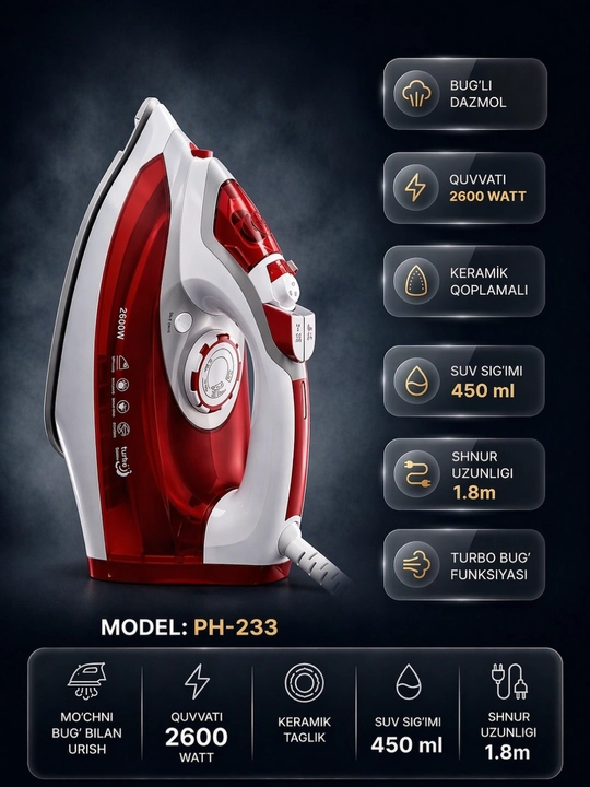 Yopishmaydigan qoplamali kuchli bug‘li dazmollar