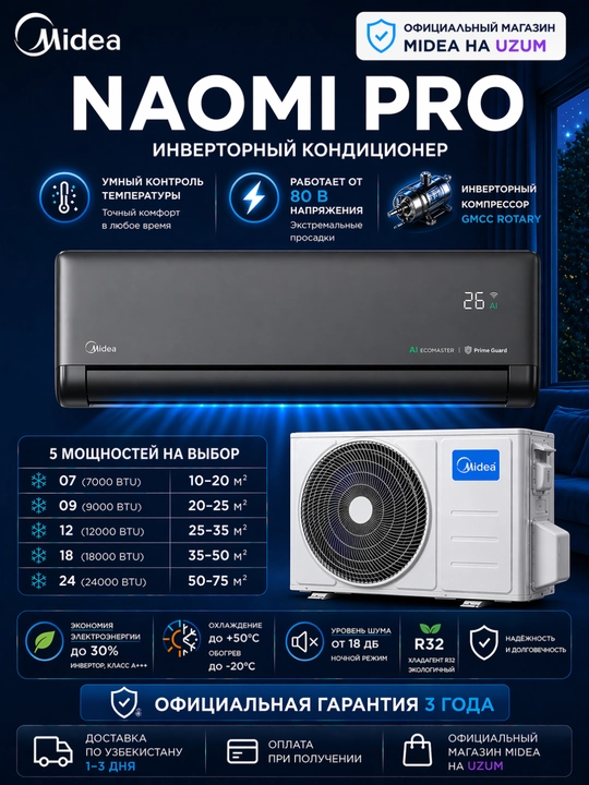 Кондиционер Midea NAOMI, инвертор, R32, до –15 °C на обогрев - 