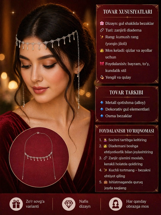 Diadema, ayollar bezaklari, shekelik, taqinchoqlar