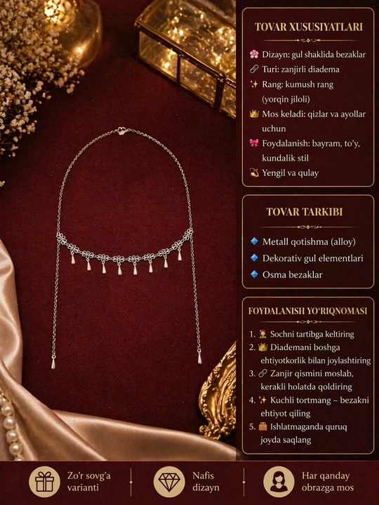 Diadema, ayollar bezaklari, shekelik, taqinchoqlar