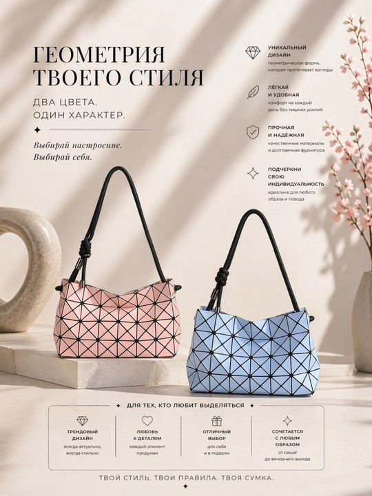Kross-bodi uslubidagi geometrik effektli sumka, sozlanadigan yelka tasmasi bilan