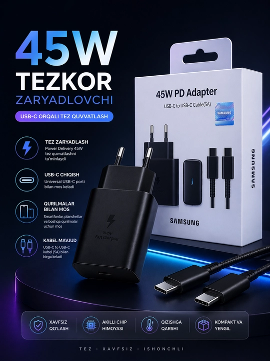 Зарядное устройство Samsung 45 Вт, 25 Вт, кабель Type-C, быстрое зарядное устройство