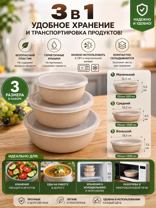Набор из 3 контейнеров для хранения продуктов, с герметичной крышкой, для кухни - 
