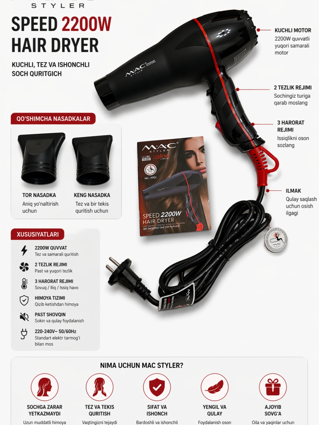 Soch fen MAC Styler, professional fen 2200W, soch quritgich, 3 rejim, 2 nasadka