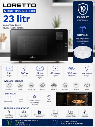 Mikroto‘lqinli pech LORETTO LM-2307BL, 800W, 23 litr - 