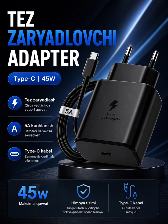 Samsung quvvatlagichi 45W,  Type-C kabeli, zaryadlovchi - 