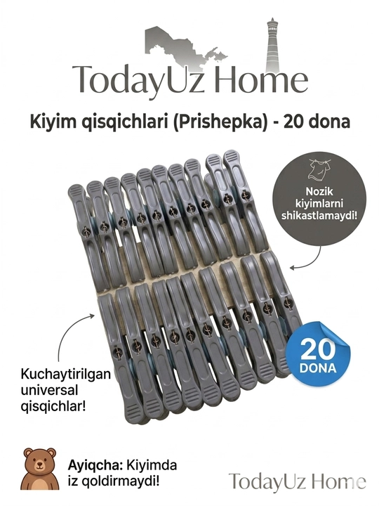 Kiyim hamda matolar uchun, bardoshli qisqichlar to'plami, 20 dona