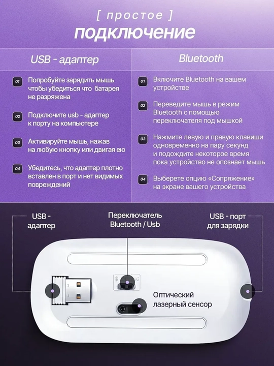 Sichqoncha Bluetooth simsiz tovushsiz Type-c zaryadka 2 rejimda ishlaydigan