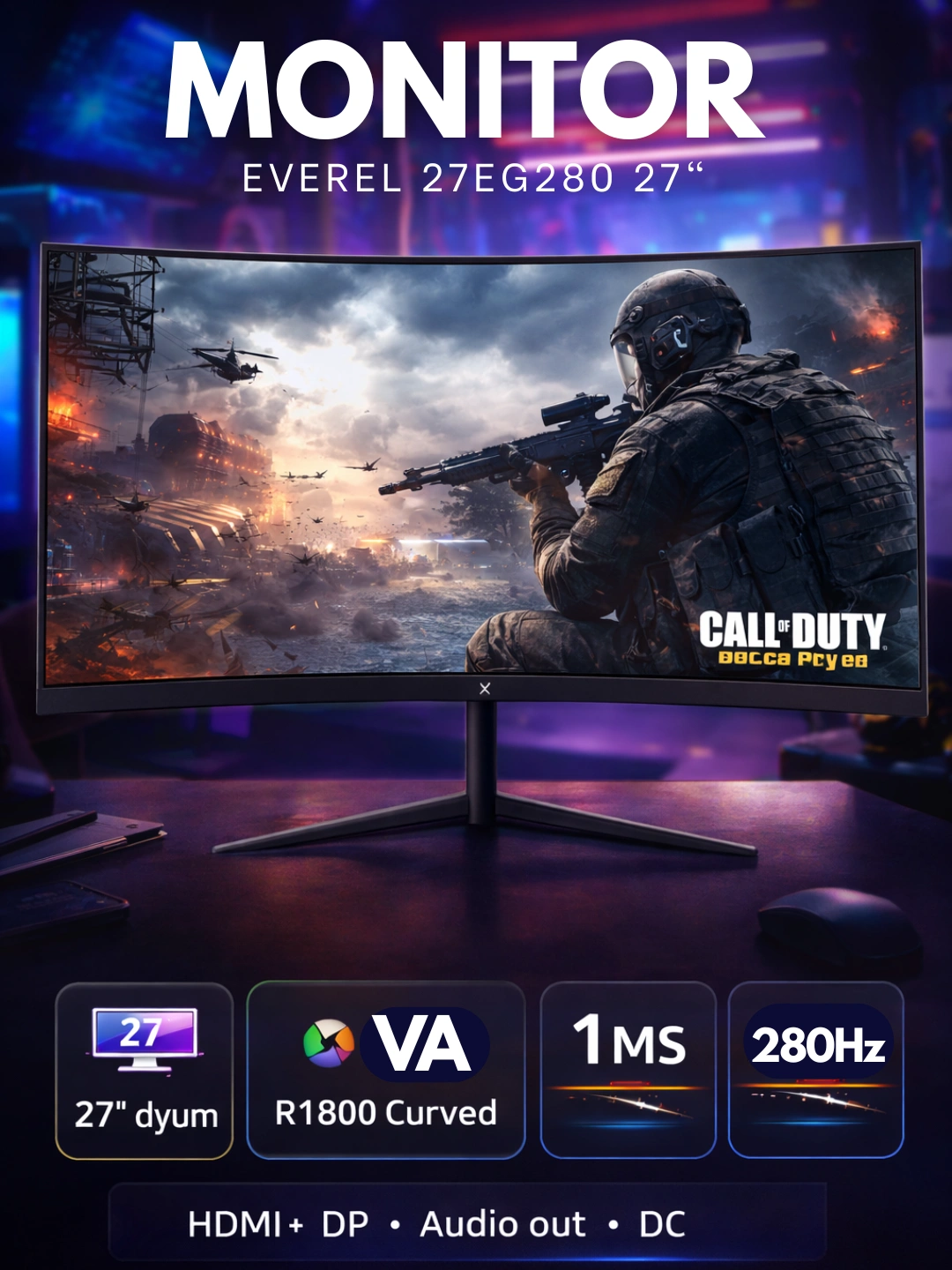 Игровой монитор EVEREL 27EG280, 27 дюймов, изогнутый, VA-панель, 280Гц, (HDMI+Audio+DC), 1 мс за 1929000 сум со скидкой 52%. Uzum Market