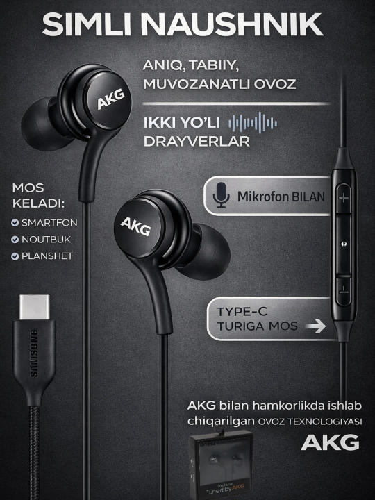 Type-C Stereo simli Samsung AKG quloqchinlari