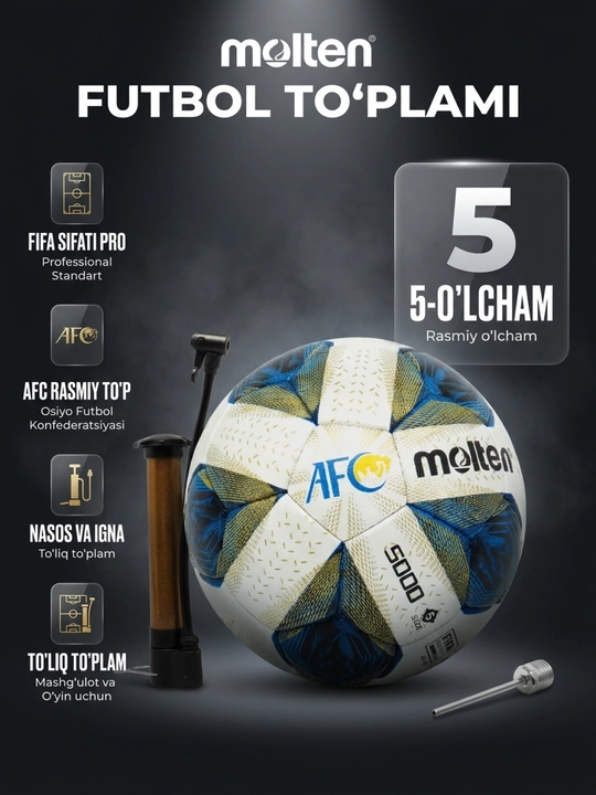 Professional Futbol to'plari, Molten, o'lchami: 5 Sovg'a, igna bilan nasos