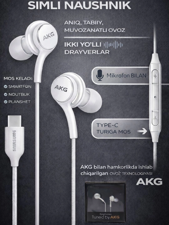 Type-C Stereo simli Samsung AKG quloqchinlari
