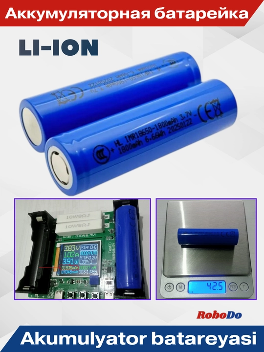 18650, 3,7 V, 1800 mA/soat quvvatli akkumulyator batareyasi