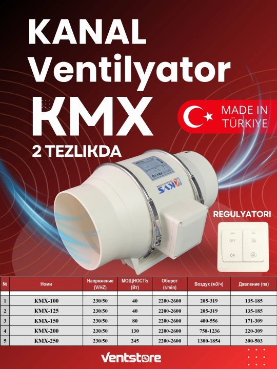 Канальный вентилятор Kalvent KMX (100–315 мм) – 2 скорости, с регулятором, Турция - 