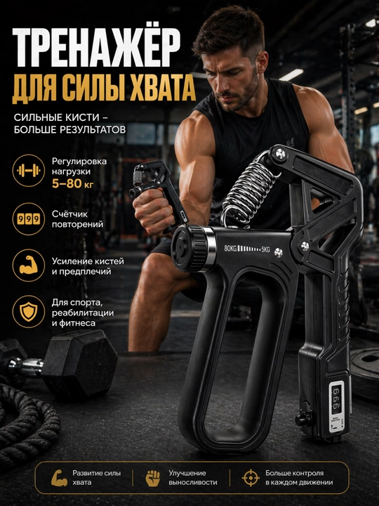 Эспандер кистевой, регулируемый, 5–80 кг, со счётчиком повторений, для тренировки хвата