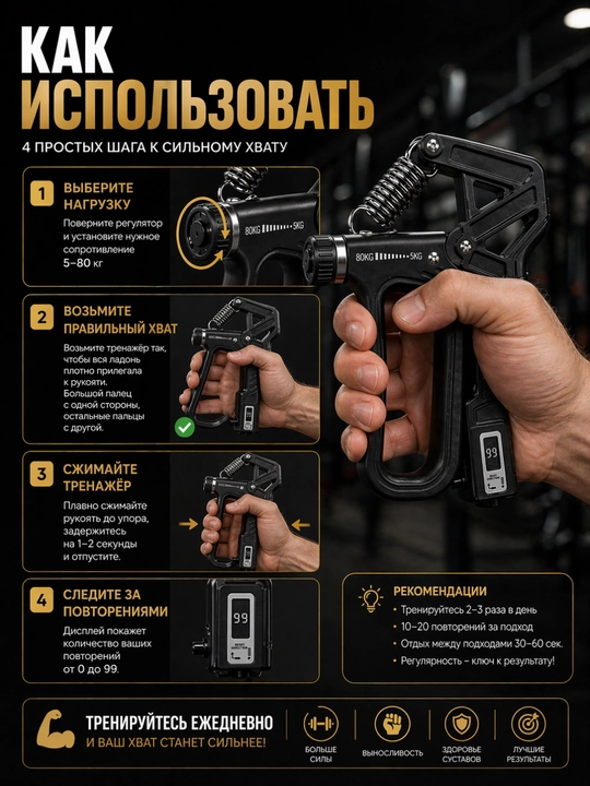 Эспандер кистевой регулируемый 5–80 кг со счётчиком повторений для тренировки хвата
