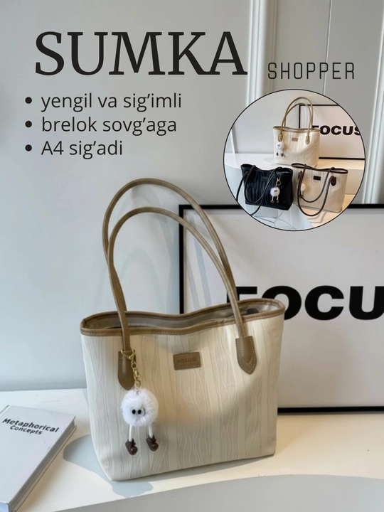 Ayollar sumkasi, shopper, yelkama, kundalik, sig'imli, ish va o'qish uchun A4, ekocharm - 