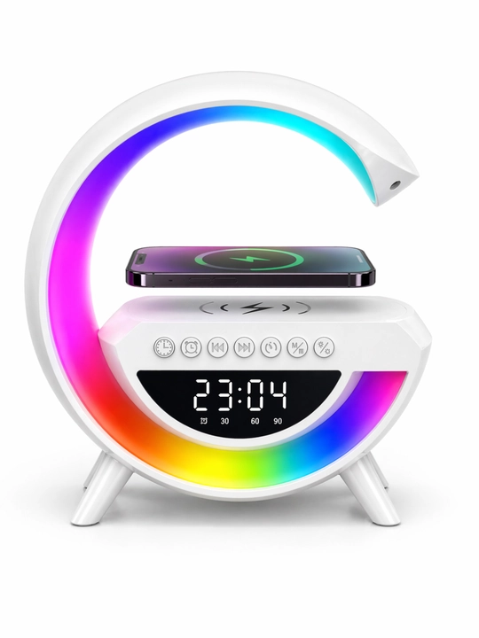 RGB LED Беспроводная зарядка, Bluetooth колонка, с часами и подсветкой - 
