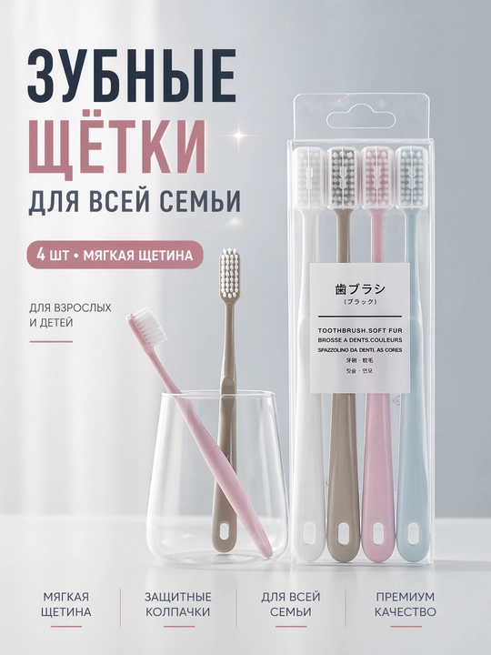 Ультрамягкие зубные щётки – 4 шт. с колпачками