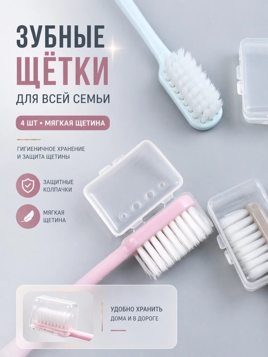 Ультрамягкие зубные щётки – 4 шт. с колпачками