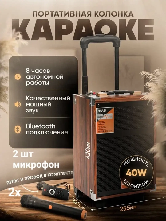 Портативная беспроводная колонка для караоке с микрофоном, Bluetooth и пультом - 