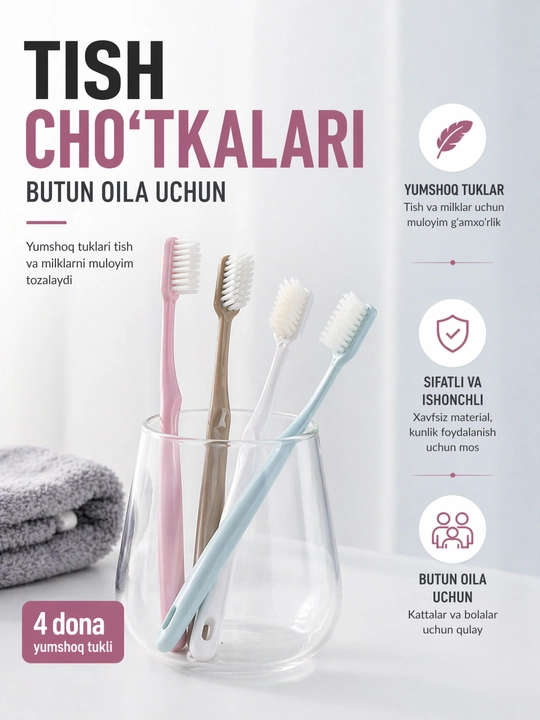 Ultra-yumshoq tish cho‘tkalari – 4 dona, qopqoqli - 