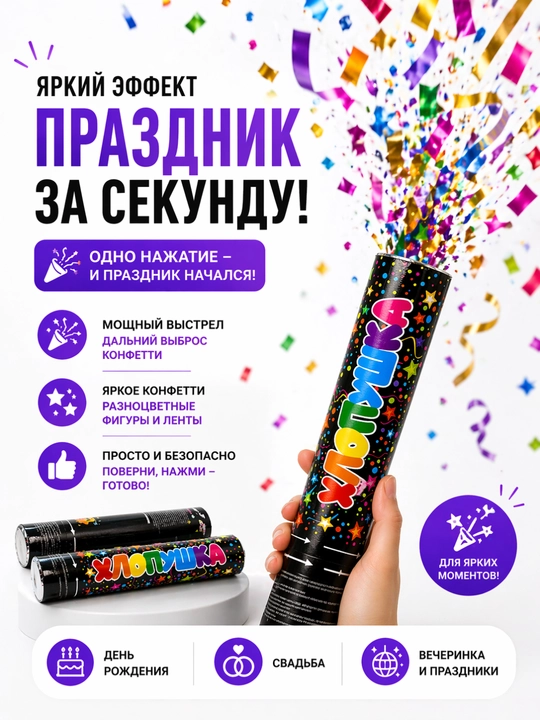 Конфетти хлопушка для праздника, праздничная пушка с конфетти для вечеринки - 