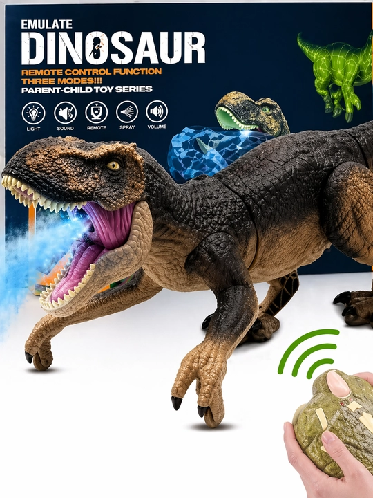 Masofadan boshqariladigan dinozavr o‘yinchoq – tutun, ovoz va yorug‘lik effektlari bilan - 