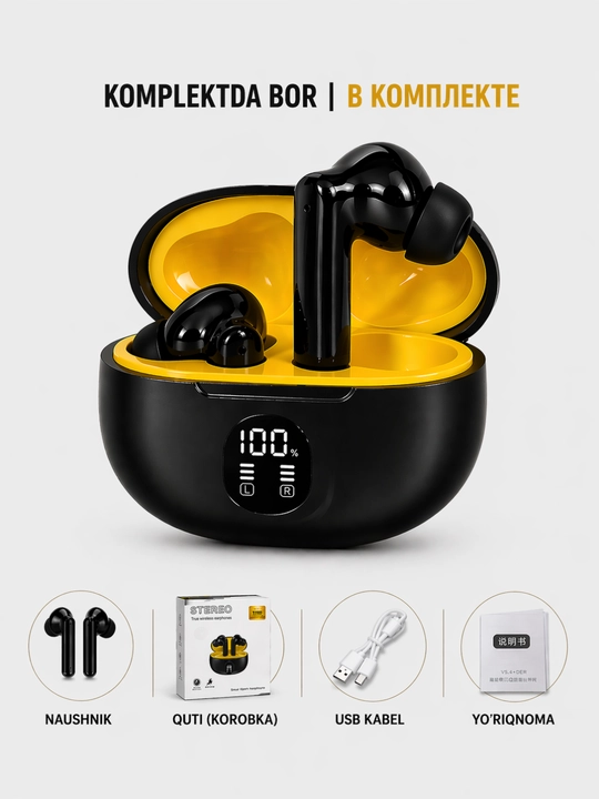Simsiz Bluetooth quloqchin, kuchli bass, tiniq ovoz, LED displey