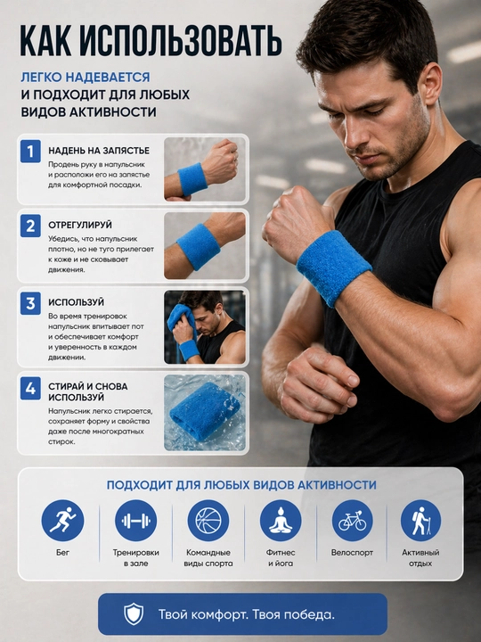 Sport bilaguzugi, ter shimuvchi bilak bog‘ichi, fitnes va mashg‘ulot uchun