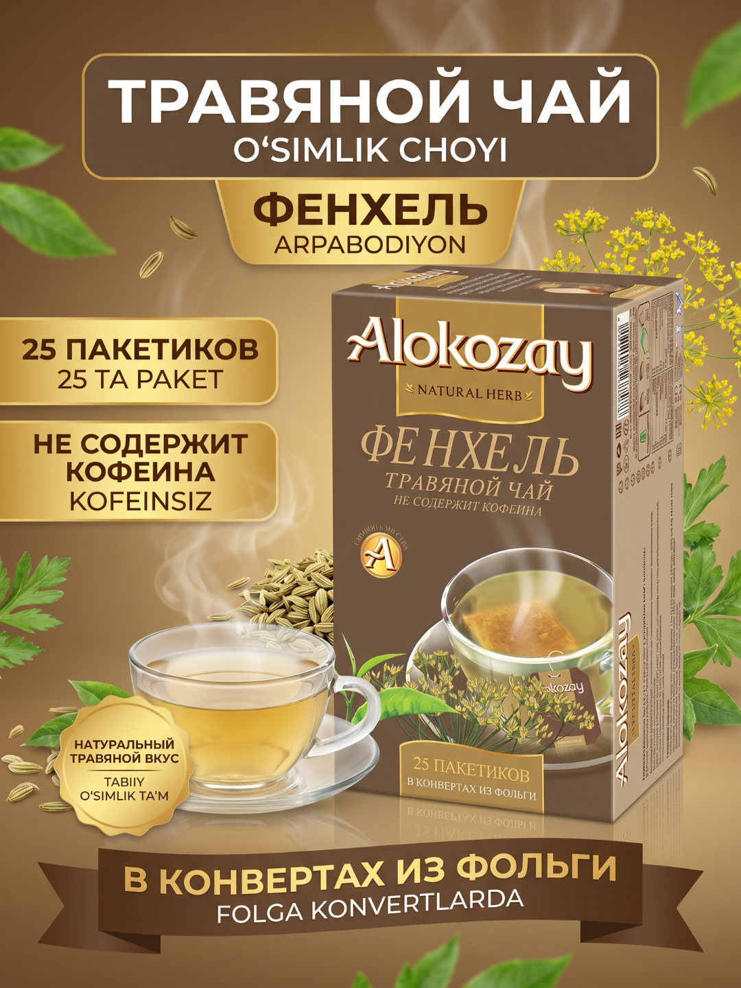 Alokozay o‘simlik choyi 25 pak, raybush, yalpiz, anor, moychechak, zanjabil, limon, arpabodiyon - 