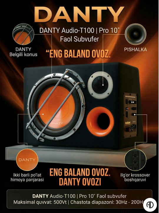 DANTY Audio-T100, faol subvufer, avto subvufer, 10 dyuym, 500 Vt, kuchli bas, pishalka - 