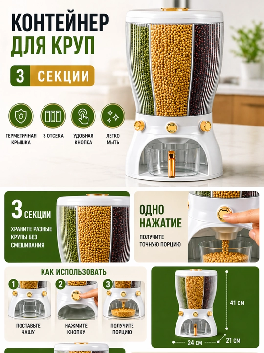 Диспенсер для круп 360°, контейнер для сыпучих продуктов 6-секционный органайзер для кухни