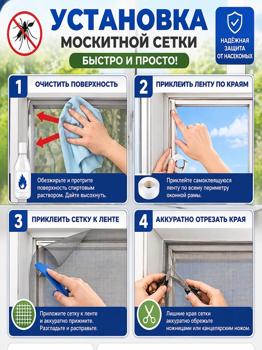 Москитная сетка на окна, на самоклеящейся ленте, оконная сетка  1 шт 2 шт 3 шт