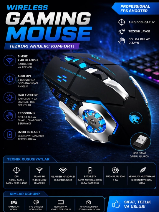 Беспроводная игровая мышь 2.4G 4800 DPI RGB эргономичная профессиональная мышь - 