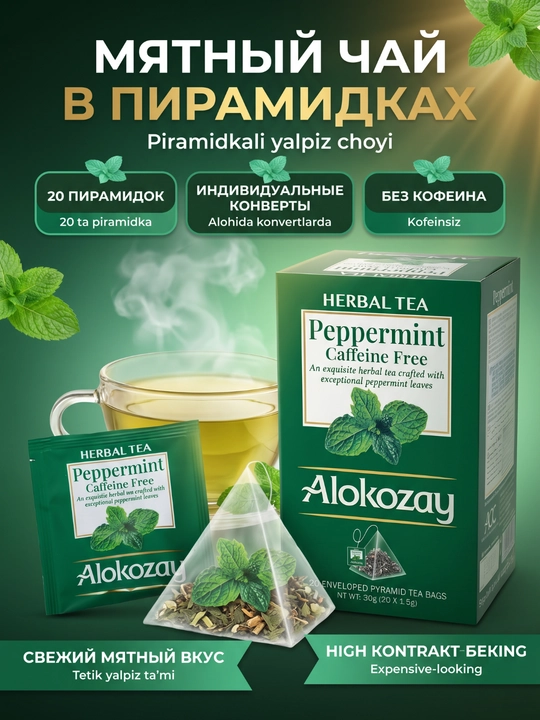 Piramida choy Alokozay (20 ta folgali paket x 2.5g): Qora, Ko‘k, Giyohli - 