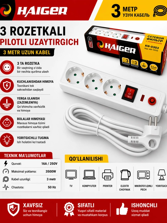3 rozetkali uzaytirgich pilotli udlinitel 1.5 va 3 metr kabel yerga ulanish himoyali - 