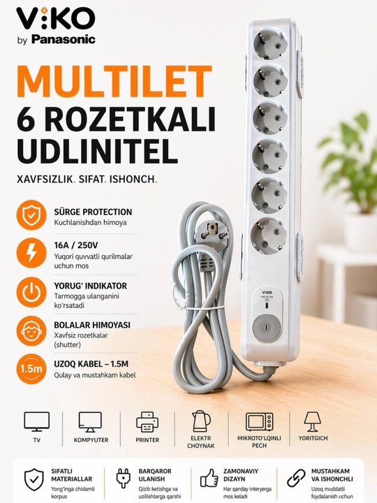 6 rozetkali uzaytirgich pilot udlinitel multilet 1.5 metr kabel kuchlanishdan himoya - 