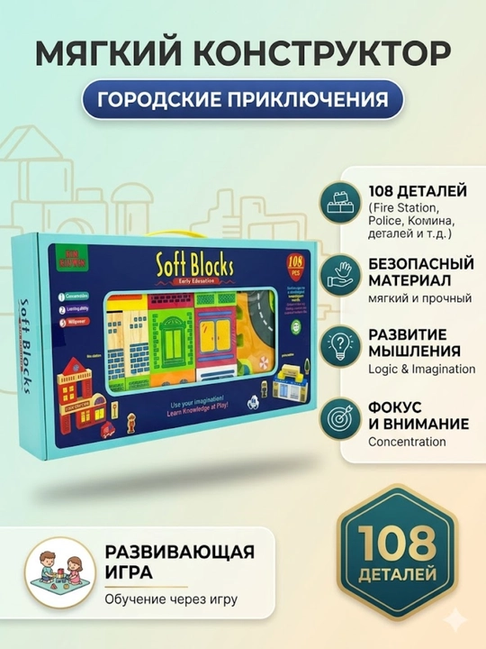 Bolalar uchun yumshoq konstruktor Shaharcha, rivojlantiruvchi kubiklar to'plami 108 bo'lak - 