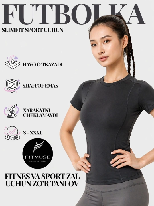 Ayollar uchun slim fit kompression futbolka FITMUSE fitness sport uchun qomatni tortuvchi
