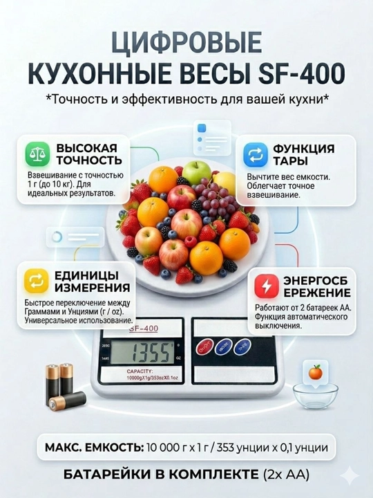 Ошхона тарозиси SF-400 электрон, юқори аниқликдаги, маиший ва қандолатчилик учун, 10 кг