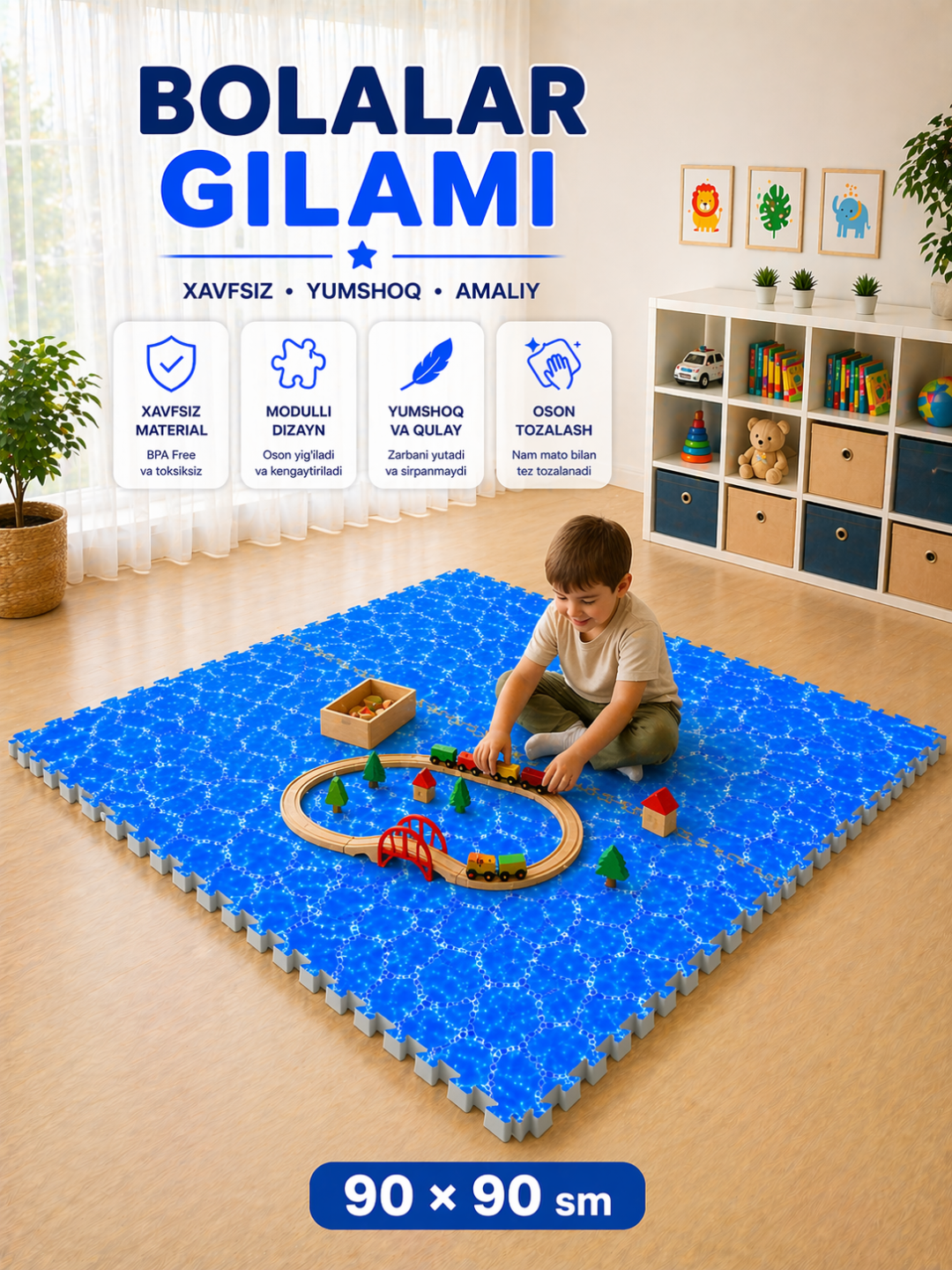 Bolalar uchun modulli gilam pol qoplamasi 90×90 sm - 