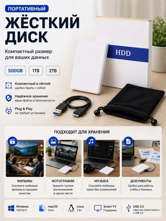 Внешний жесткий диск HDD USB 3.0 160 ГБ 250 ГБ 320 ГБ 500 ГБ, 750 ГБ, 1 ТБ - 