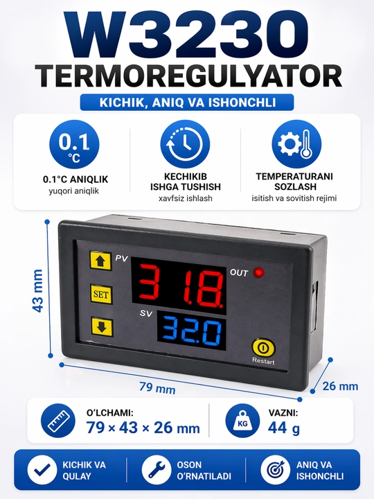 Raqamli termoregulyator W3230, 12V DC, termostat, -50°C dan +120°C gacha