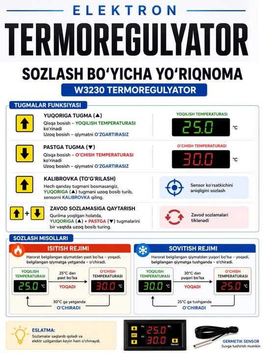 Raqamli termoregulyator W3230, 12V DC, termostat, -50°C dan +120°C gacha