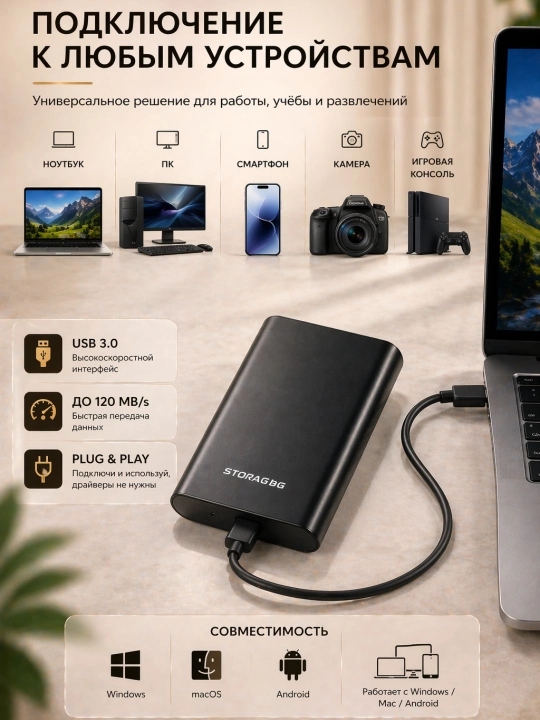 Tashqi disk STORAG bg USB 3.0  250GB  500 GB, 750GB 1 TB HDD, qattiq disk HDD