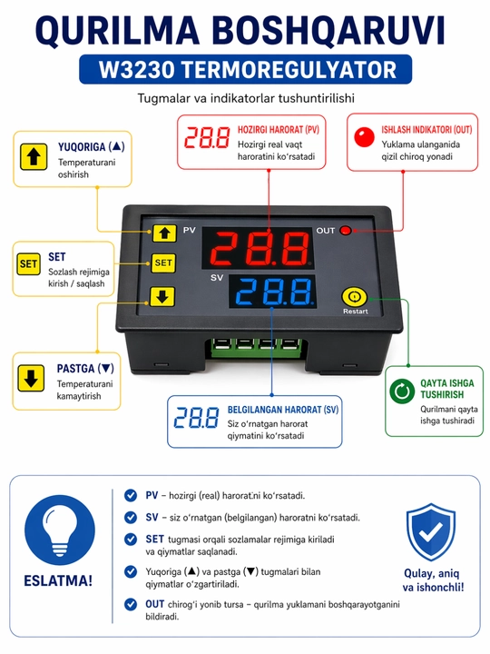 Raqamli termoregulyator W3230, 12V DC, termostat, -50°C dan +120°C gacha