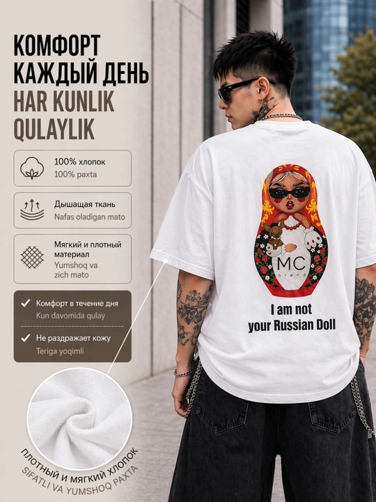 Oversize futbolka, printli futbolka, 100% paxta, koreys uslubi, Y2K uslubi