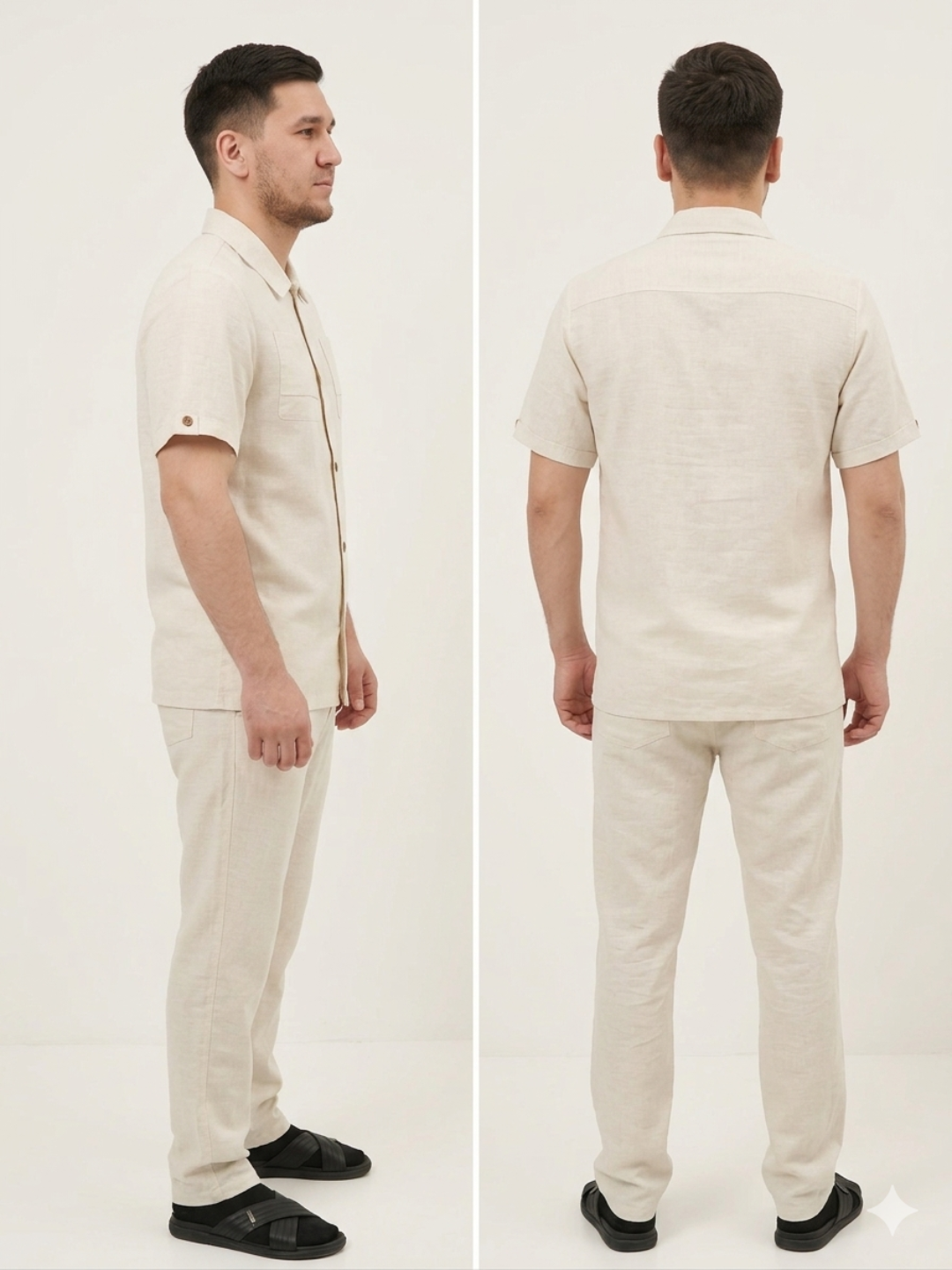 Erkaklar uchun yozgi zig‘ir kostyum (ko‘ylak + shim) nafas oluvchi to‘plam M–3XL